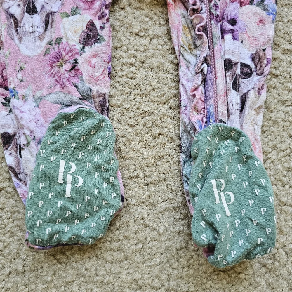 Posh Peanut bamboo one piece footie pink floral skulls ruffles size 18-24 months